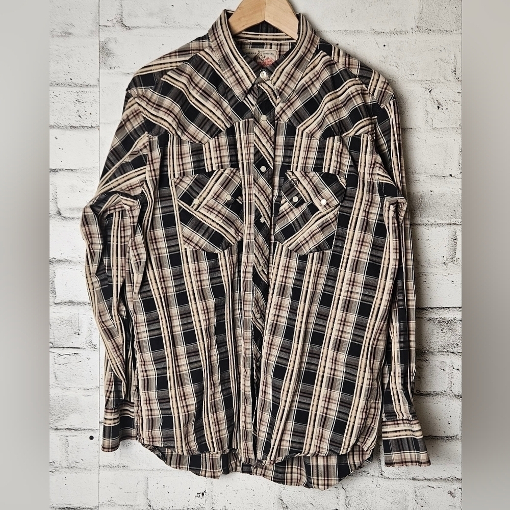 Vintage Wrangler Plaid Pearl Snap Cowboy Shirt Western Rodeo Long Sleeve